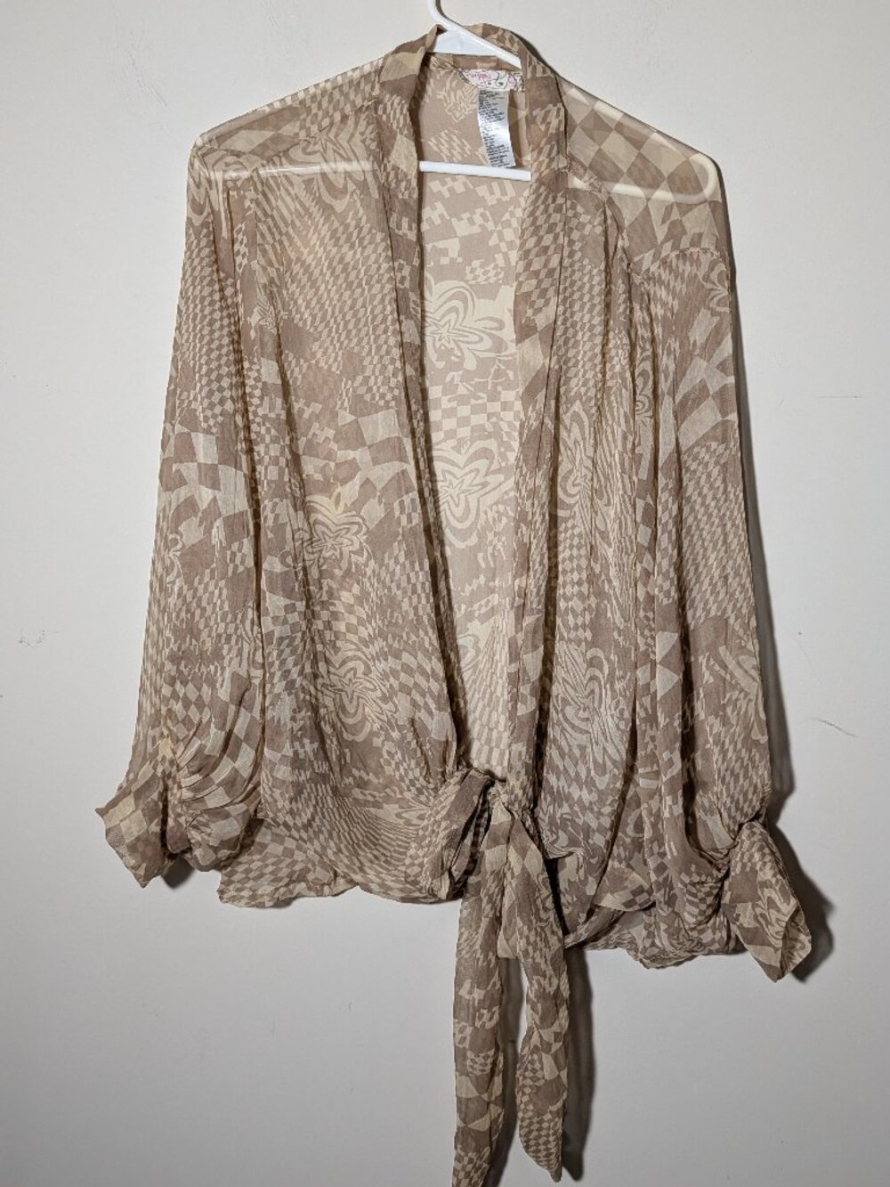 Free People Long Dolman Cuffed Sleeves Shawl Neck Tie up Blouse Floral Tan OS